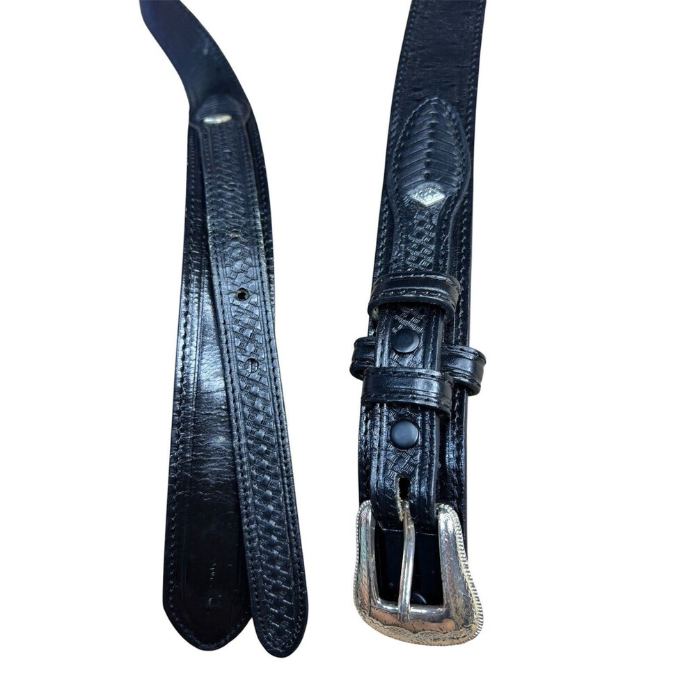 VTG Nocona Black Leather Western Ranger Belt Men’s 42 Basketweave Silver Buckle